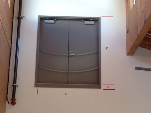 A: The clear opening width of the doorway.  B: From the second story floor to the bottom of the door frame.  C: From the second story floor to the top of the door frame